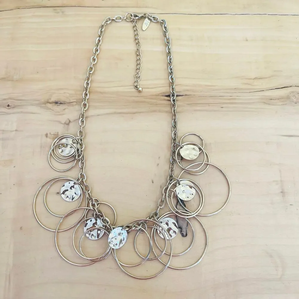Vtg Hammered Disc Circle Retro Statement Necklace Link Chain Modernist